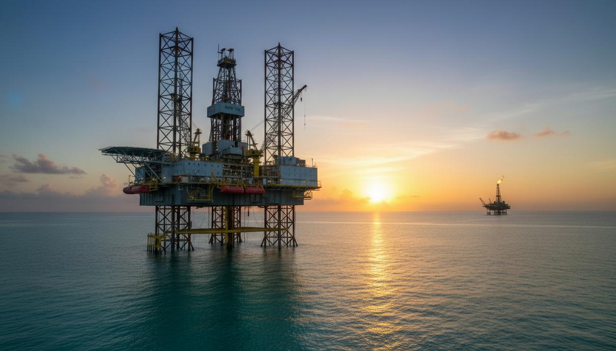Самоподъемная морская буровая установка на нефтяном месторождении в Мексиканском заливе на рассвете.