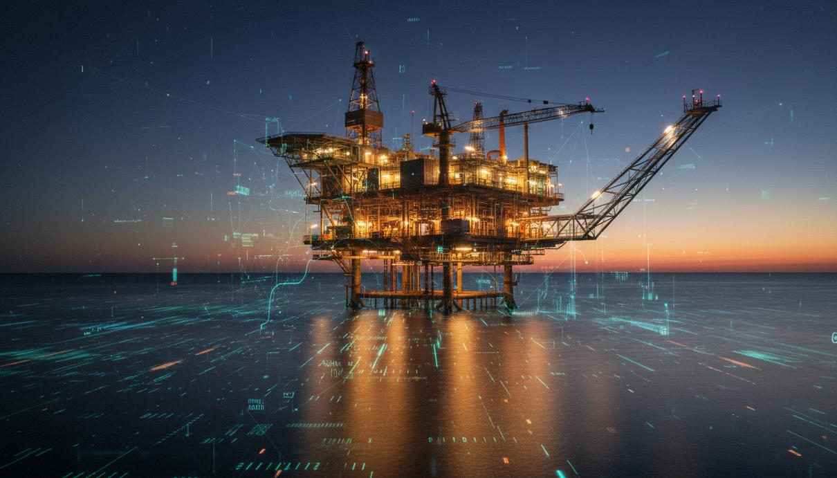 PETRONAS внедрит ИИ для ускорения инвестиций в добычу Морская нефтедобывающая платформа в сумерках, на фоне которой видны абстрактные светящиеся линии и сетки цифровых данных.