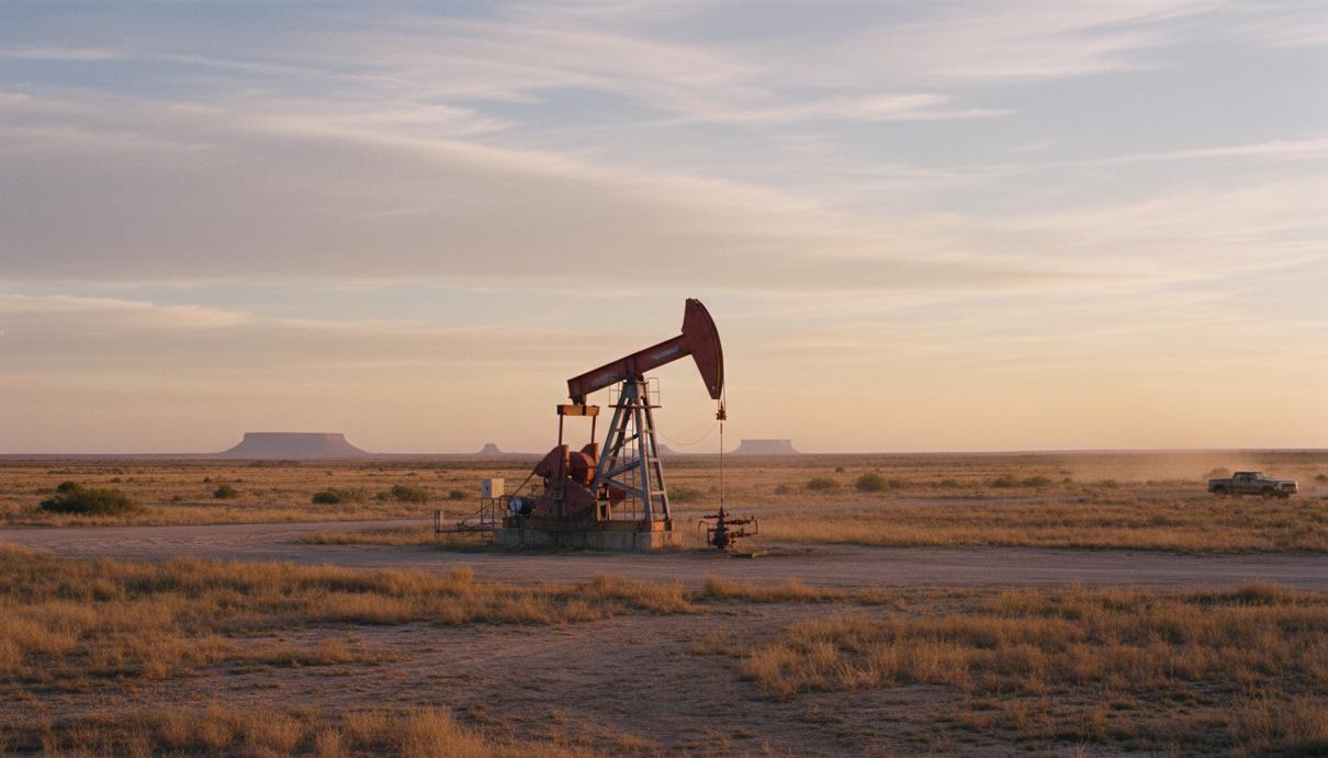 Нефтяной насос-качалка в пустынном ландшафте Пермского бассейна в Техасе на рассвете.