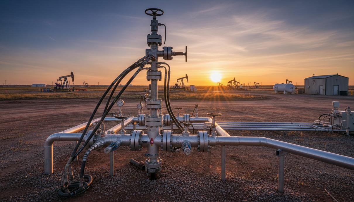 Оборудование для многостадийного гидроразрыва пласта на устье скважины в нефтегазовом месторождении на рассвете.