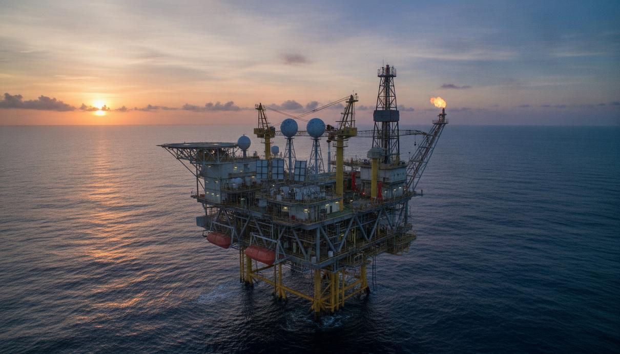 Морская нефтегазовая платформа в Атлантическом океане у побережья Бразилии на рассвете. На палубе видно радарное оборудование для мониторинга океана.