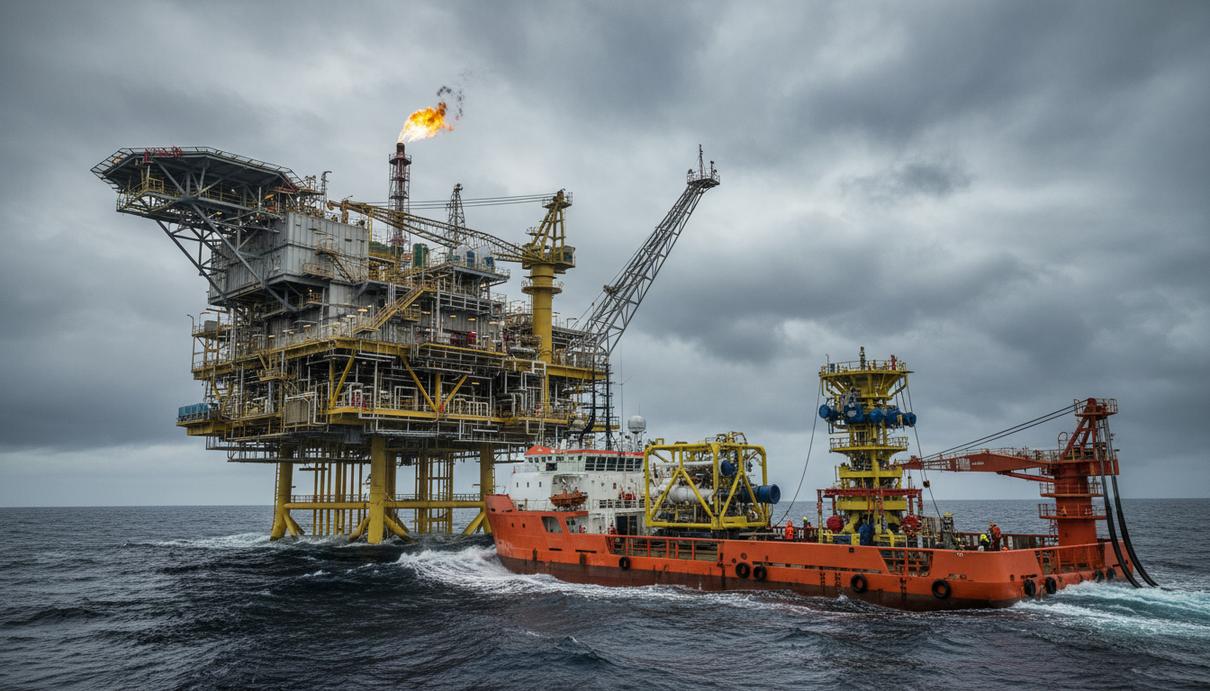 Морская нефтегазовая платформа и судно снабжения с подводным оборудованием на палубе в Северном море у берегов Норвегии.