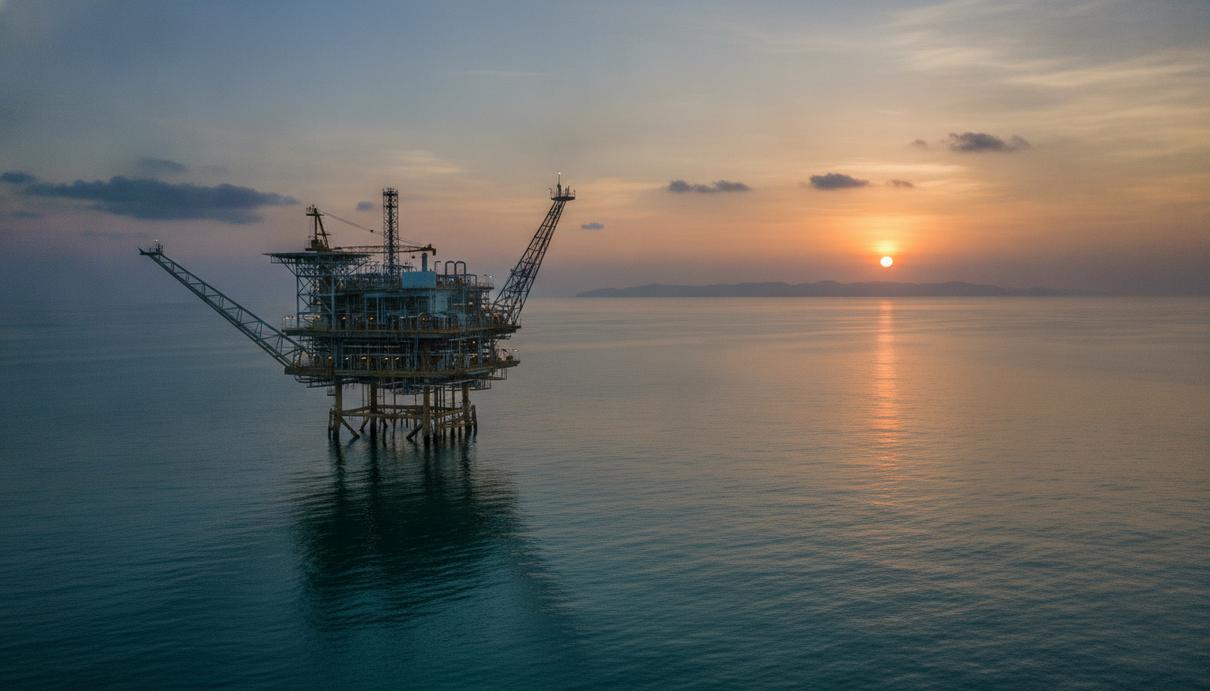 Petrobras договорилась о сотрудничестве с госкомпанией Мозамбика Морская газодобывающая платформа в океане у побережья Мозамбика на рассвете.