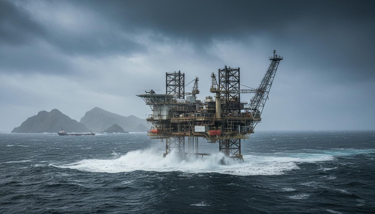 Аргентина усиливает давление на бизнес из-за добычи нефти у Фолклендов Морская нефтегазовая платформа в бурном океане на фоне скалистых островов, покрытых туманом.