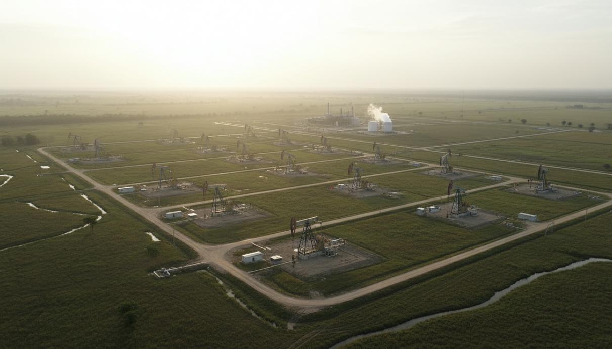Аэрофотосъемка нефтяного месторождения в Поясе Ориноко в Венесуэле. Нефтяные вышки и насосы-качалки на равнине.