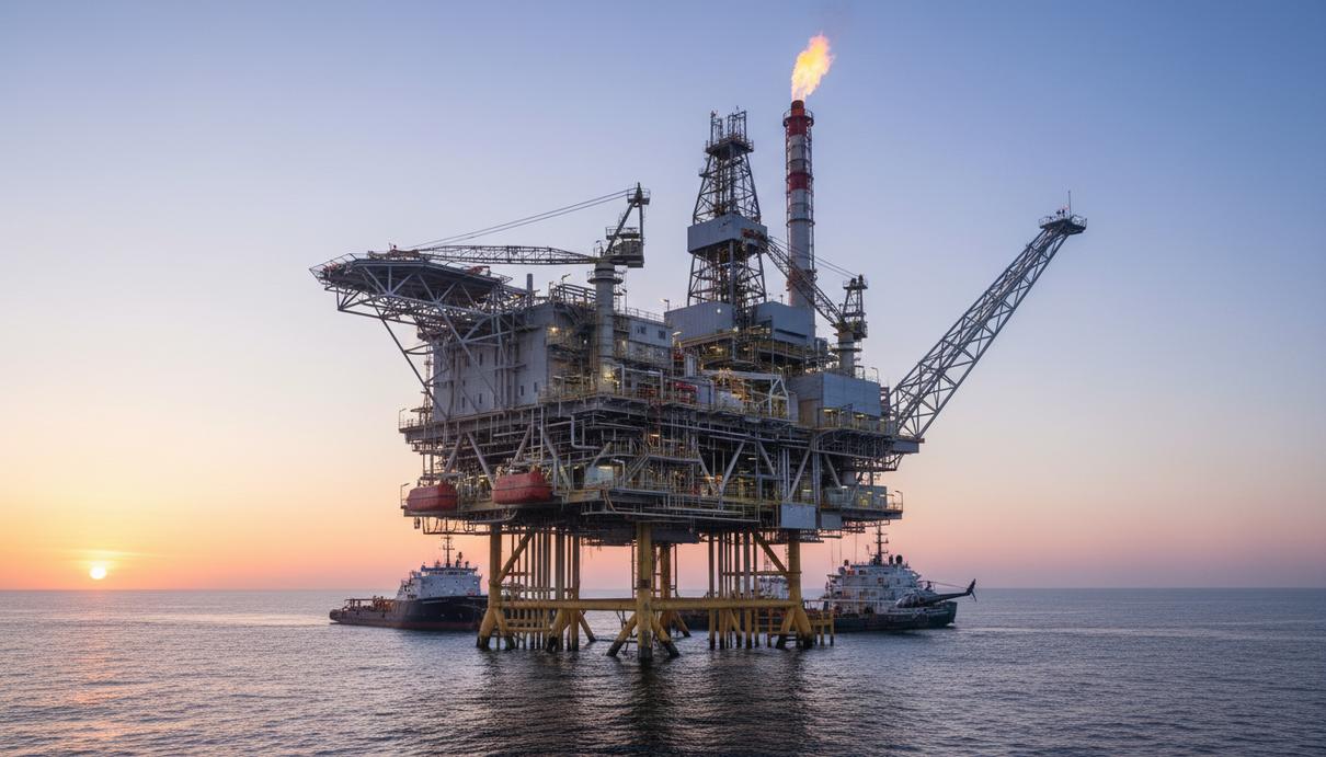 Морская нефтегазовая добывающая платформа в Северном море на фоне рассветного неба и спокойного моря.