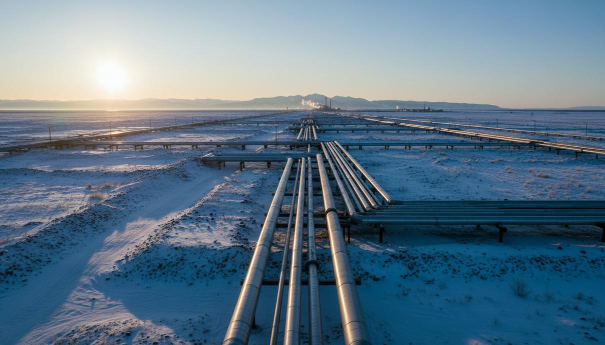 Расширение трубопроводов в Канаде снимет барьеры для добычи нефти Нефтепровод, проложенный по заснеженной равнине в Западной Канаде на фоне низкого солнца, отбрасывающего длинные тени.