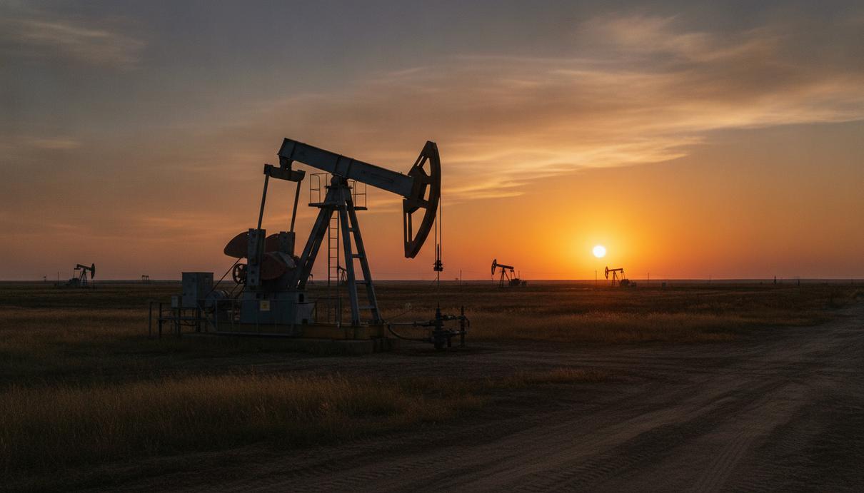 Нефтяная скважина с насосом-качалкой на месторождении в Оклахоме на фоне заката.