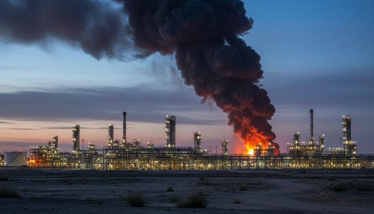 Нефтеперерабатывающий завод в саудовском Джазане на закате, из одной из промышленных установок вдалеке поднимается густой черный дым.