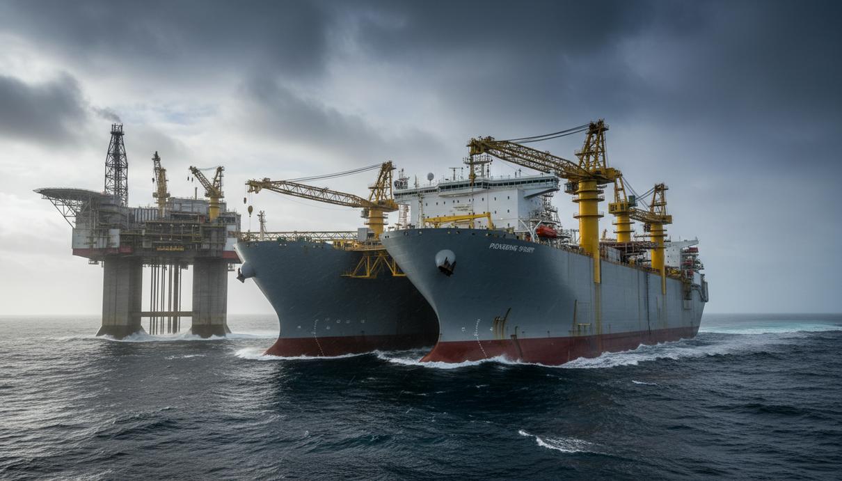 Крупнейшее в мире строительное судно «Pioneering Spirit» рядом с нефтегазовой платформой Statfjord A в Северном море.