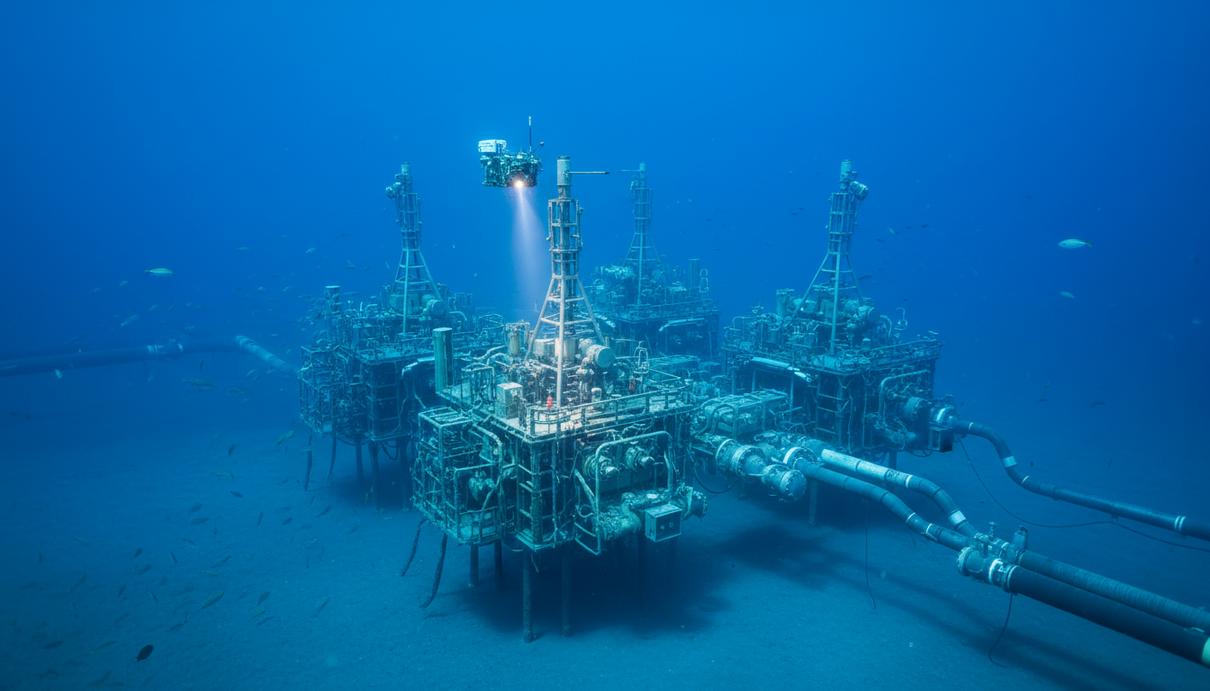 Подводная добычная система, установленная на морском дне: фонтанная арматура, манифольды и трубопроводы.
