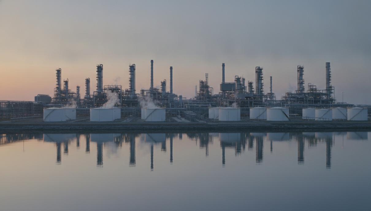 Крупный нефтеперерабатывающий завод с ректификационными колоннами и резервуарами для хранения топлива на побережье Мексиканского залива на рассвете.