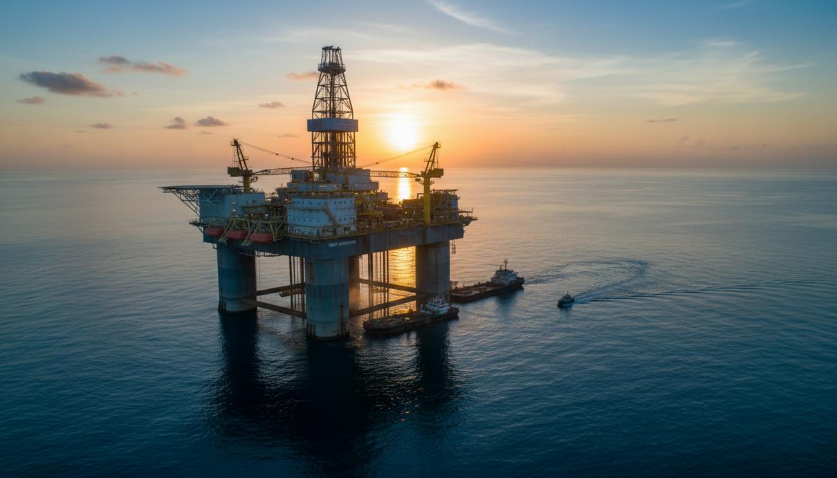 Tulcan Energy впервые получила лицензию на глубоководный шельф Нигерии Глубоководная полупогружная нефтяная буровая платформа в Гвинейском заливе у берегов Нигерии. Вид с воздуха на рассвете.