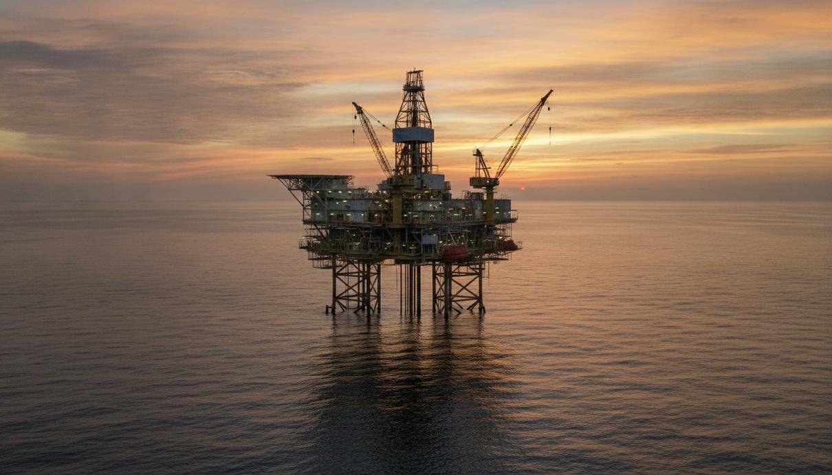 Морская нефтегазовая платформа для глубоководного бурения в Атлантическом океане на рассвете.