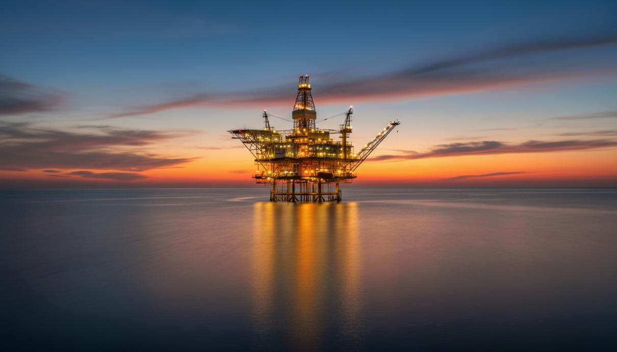 Морская нефтедобывающая платформа в море на закате. На платформе горят огни, отражаясь в спокойной воде.
