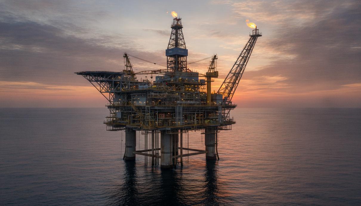 Глубоководная нефтегазовая платформа в Атлантическом океане у побережья Анголы на рассвете.