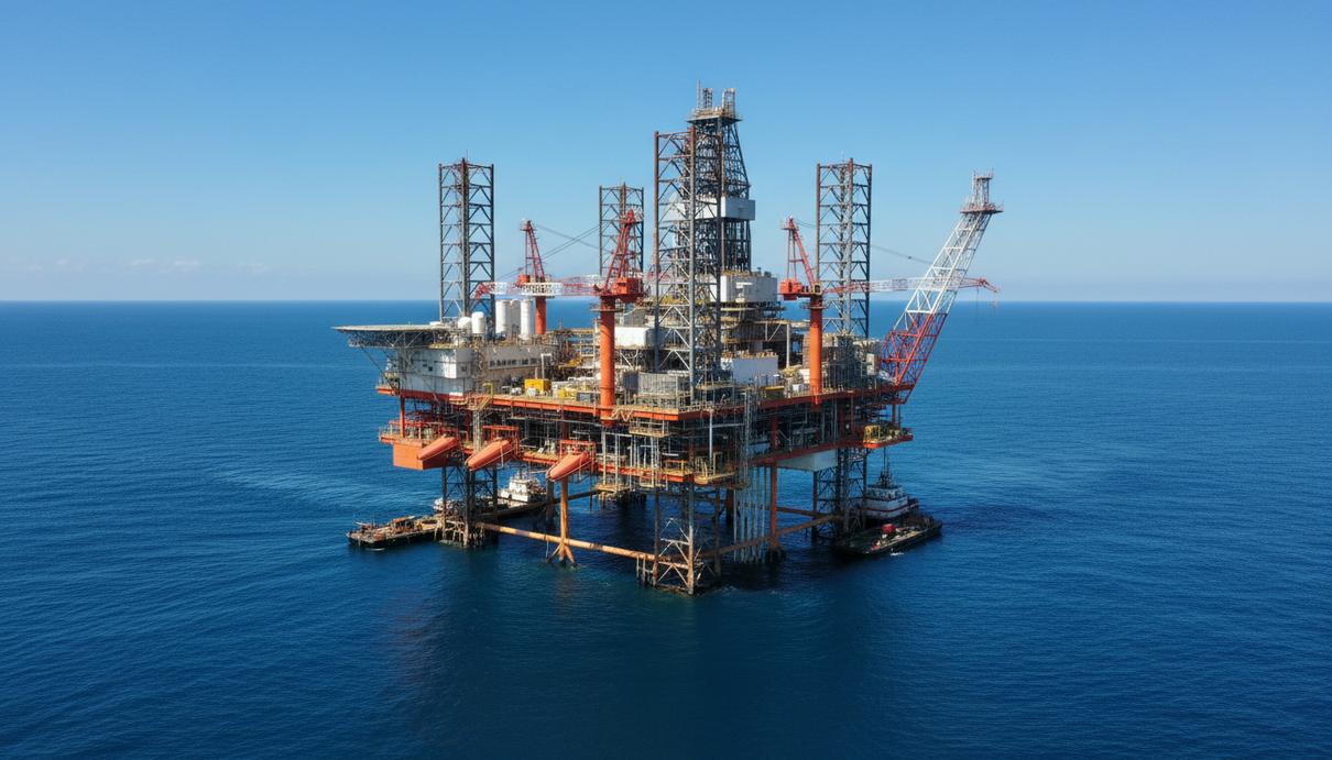 Морская нефтедобывающая платформа Shenandoah в Мексиканском заливе. Вид на сложное технологическое оборудование в открытом море.
