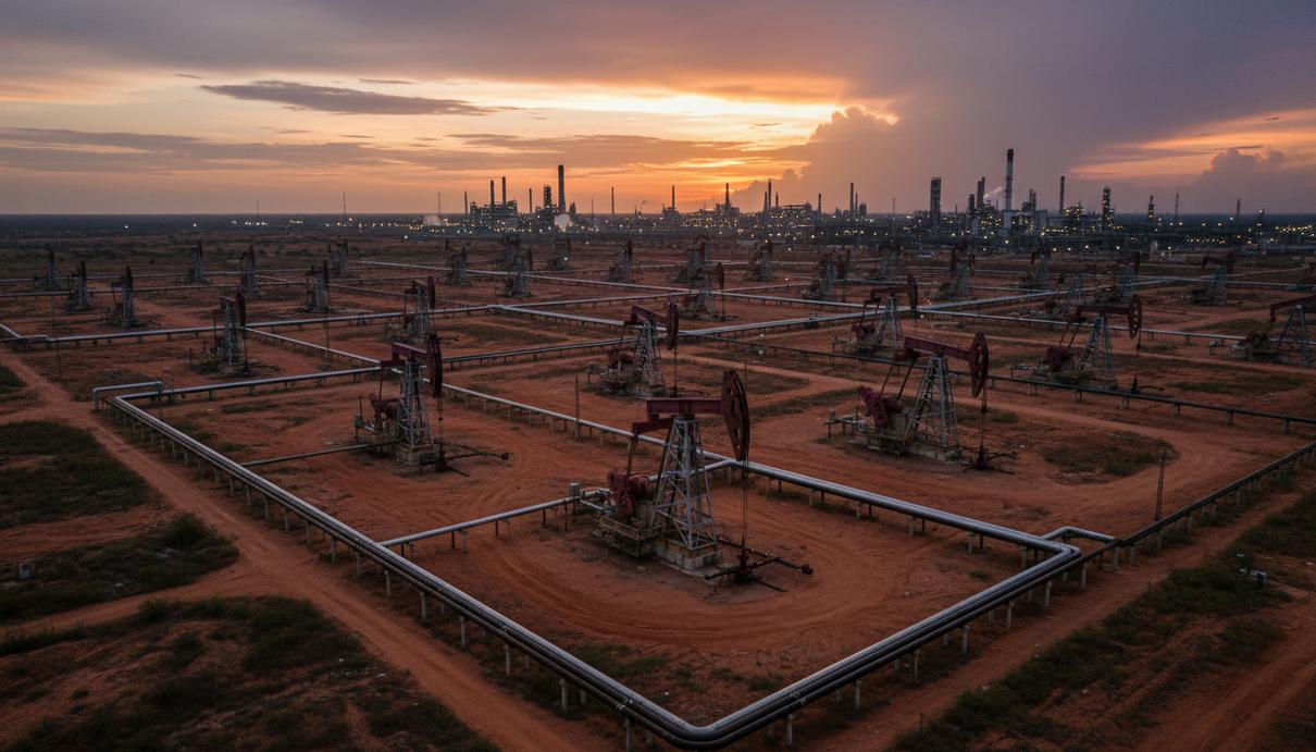 Нефтяное месторождение в Венесуэле на закате, вид сверху. В кадре нефтяные вышки, трубопроводы и нефтеперерабатывающий завод.