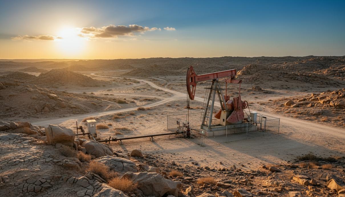 Kistos удвоит добычу и резервы за счёт активов Mitsui в Омане Нефтяная качалка на месторождении в пустыне Омана на рассвете. Промышленный пейзаж, добыча нефти на Ближнем Востоке.