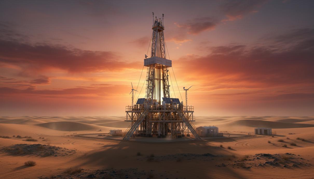 Нефтяная буровая вышка в пустыне на территории Саудовской Аравии в лучах заходящего солнца.