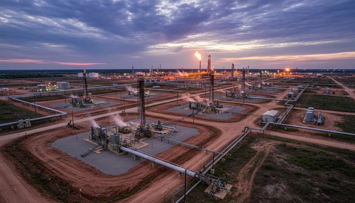 Буровая площадка с газовыми скважинами и трубопроводами на сланцевом месторождении Хейнсвилл в США на закате.