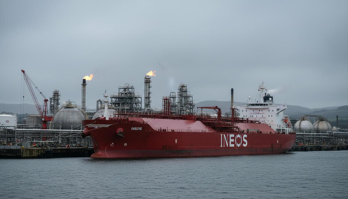 INEOS отмечает 10-летие проекта поставок сланцевого этана из США Специализированный газовоз INEOS у причала нефтехимического комплекса с резервуарами и трубопроводами в порту Грейнджмут, Шотландия.