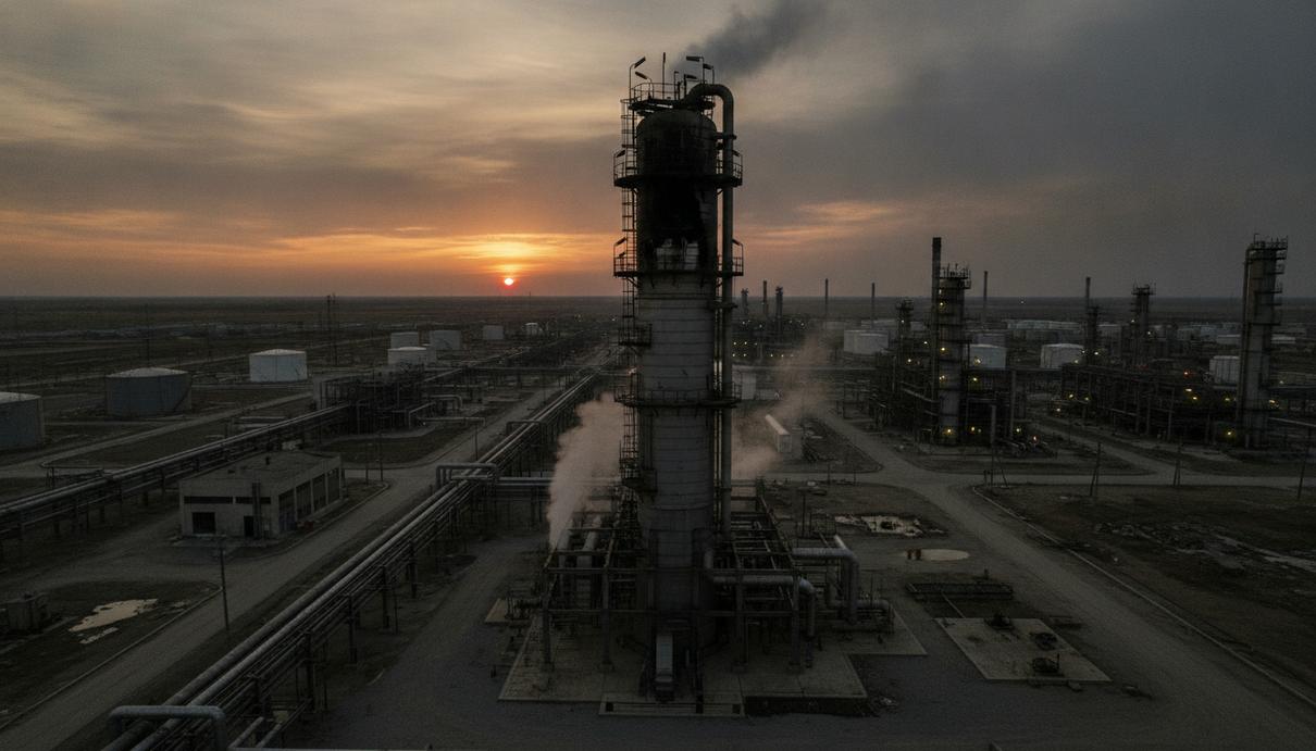 Крупный нефтеперерабатывающий завод на закате. Одна из промышленных установок повреждена и окружена строительными лесами.