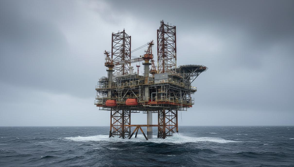 Морская газодобывающая платформа в сером, неспокойном Северном море в пасмурный день. Видны стальные конструкции и трубы.