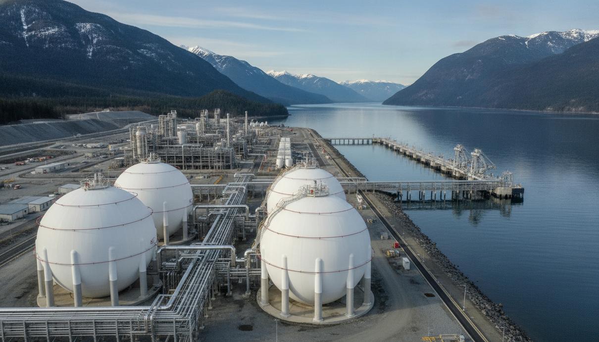 Госкомпания из Абу-Даби XRG может войти в канадский проект LNG Canada Промышленный комплекс завода по сжижению газа на берегу залива, с крупными белыми резервуарами для СПГ и горами на фоне.