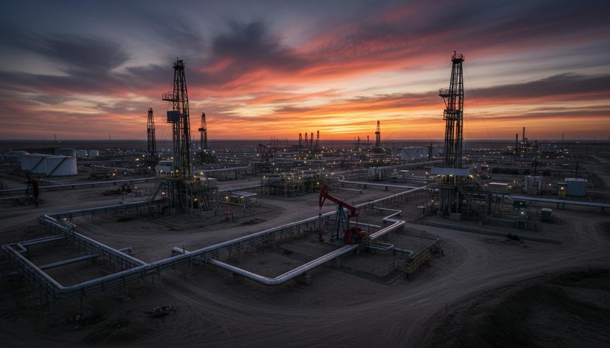 Нефтяная вышка и трубопроводы на месторождении в сумерках, вид на промышленный пейзаж нефтегазового комплекса.