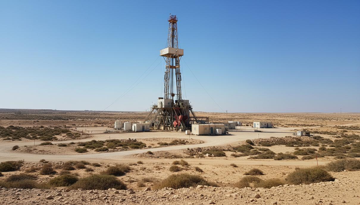 Наземная буровая вышка для добычи нефти на месторождении в Израиле в дневное время.