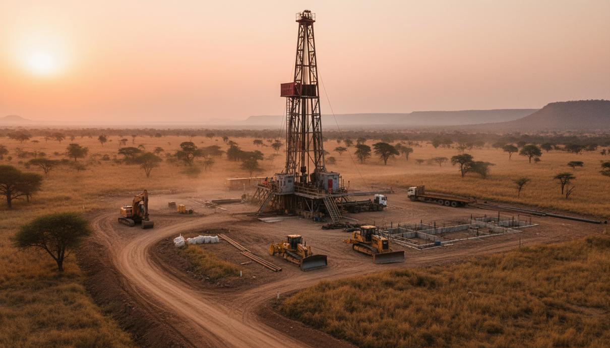 Invictus Energy привлекла SLB для бурения скважины в Зимбабве Буровая установка на подготовленной площадке в африканской саванне на рассвете. Вокруг видны подъездные дороги и спецтехника.