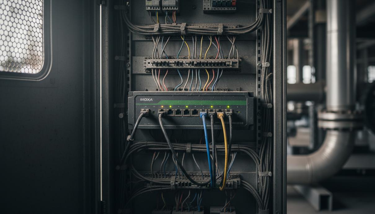 Промышленный маршрутизатор Moxa EDR-8010 на DIN-рейке внутри металлического шкафа управления с подключенными кабелями.