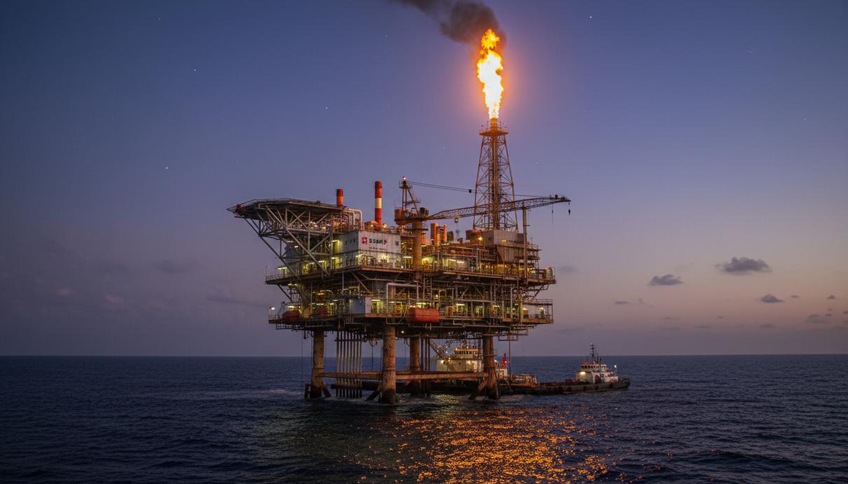Морская нефтяная платформа Pemex в Мексиканском заливе на закате, на конструкции видны следы коррозии, горит газовый факел.