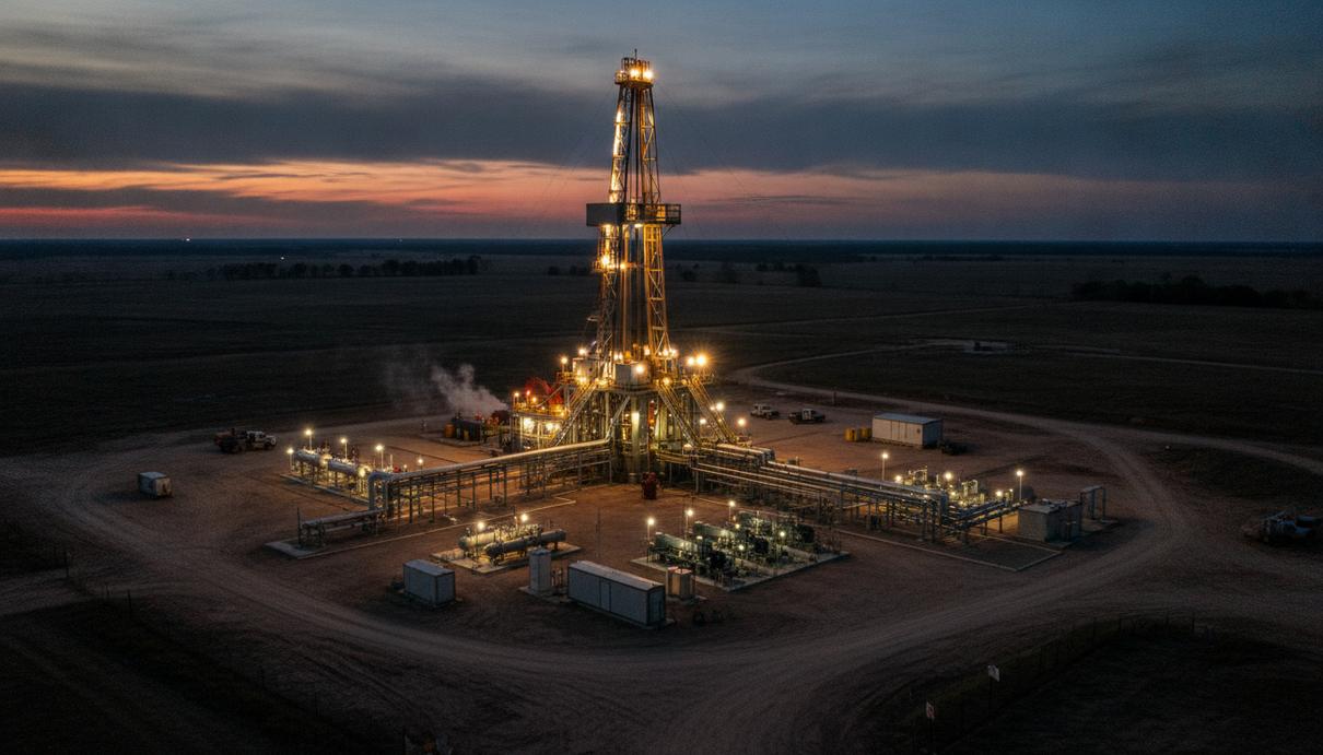 Буровая установка для добычи природного газа на месторождении Хейнсвилл в США на фоне закатного неба.