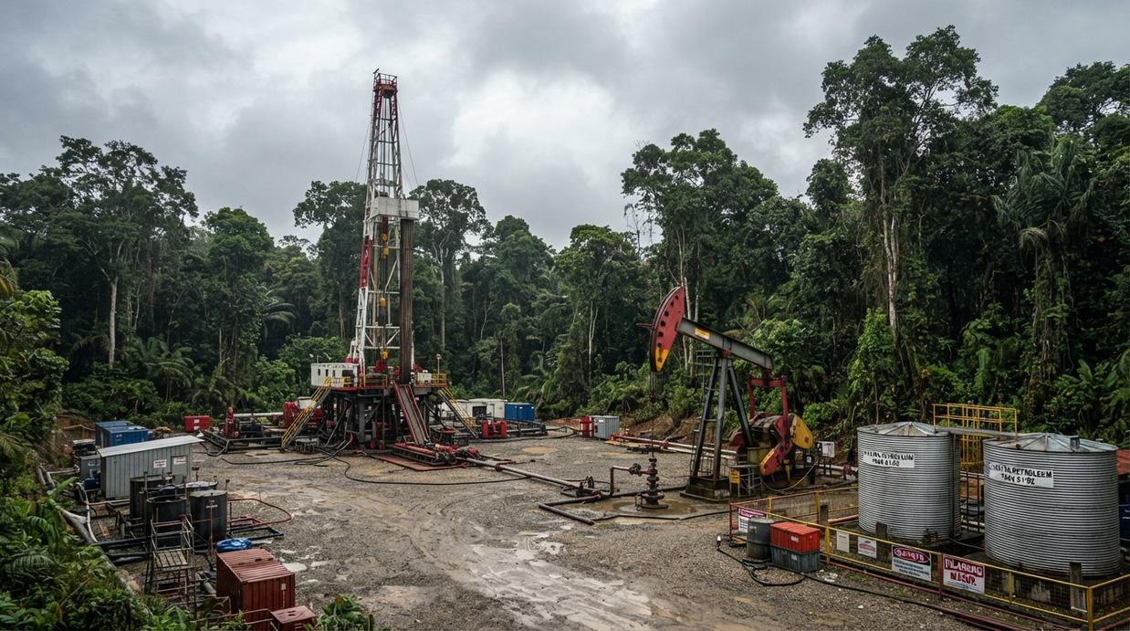 Нефтяная буровая вышка и насос-качалка на промысле в окружении густых тропических джунглей на острове Суматра.
