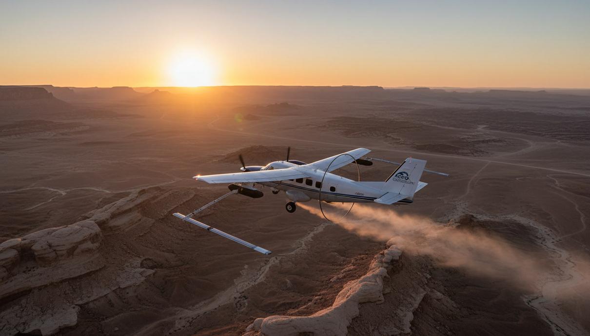 Metatek расширит флот гравиметров по сделке с Lockheed Martin Самолет для геофизической разведки летит низко над скалистой пустынной местностью на рассвете.