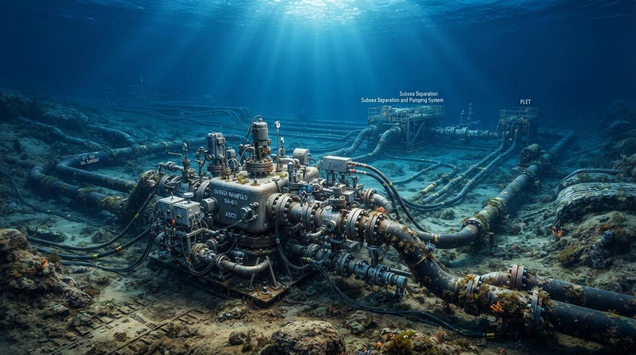 EnerMech проведёт предпусконаладку на проекте Ginger в Тринидаде и Тобаго Подводная инфраструктура для добычи нефти и газа на морском дне, видны трубопроводы и технологические узлы.