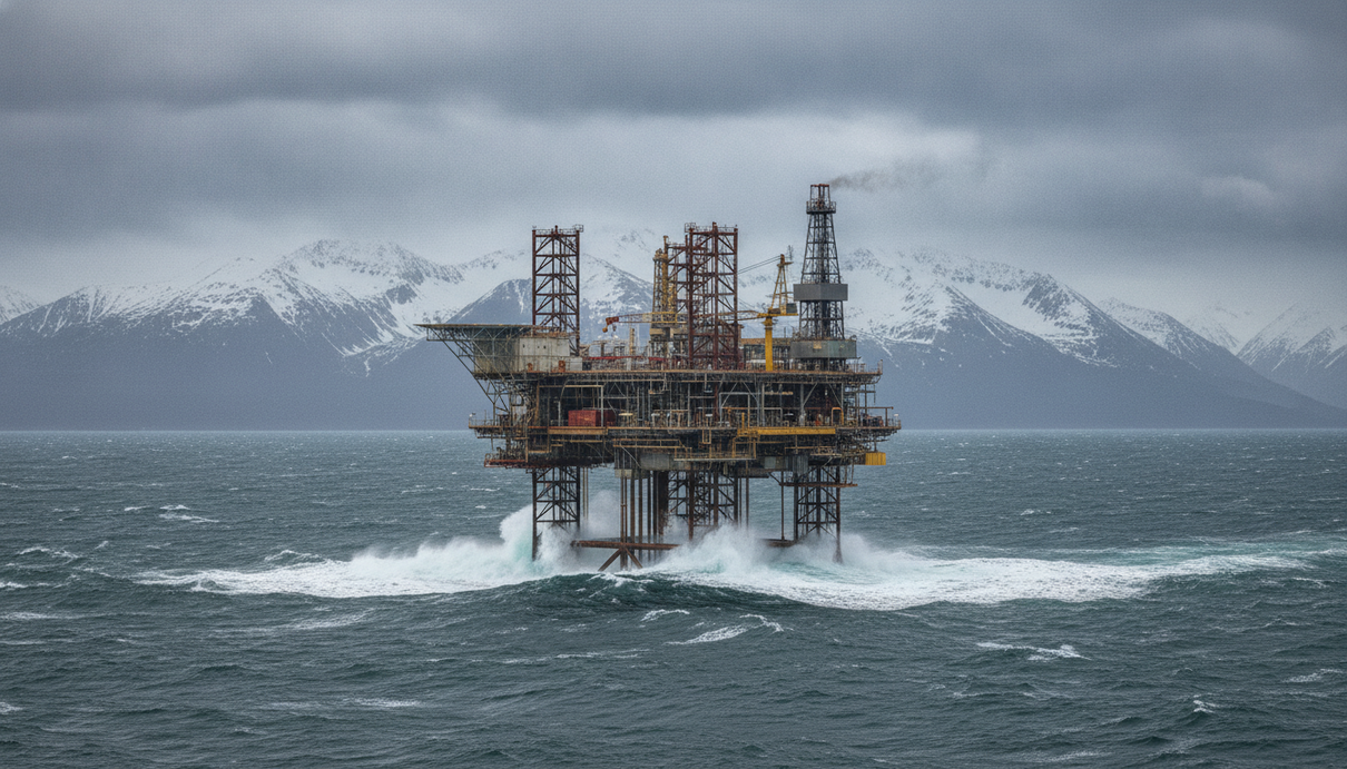 Морская нефтегазовая платформа в водах залива Кука на Аляске на фоне заснеженных гор.