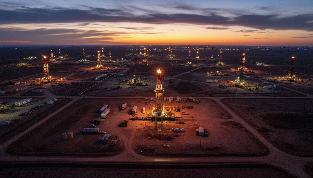 Несколько наземных буровых установок на нефтяном месторождении в США в вечернее время, вид с воздуха.