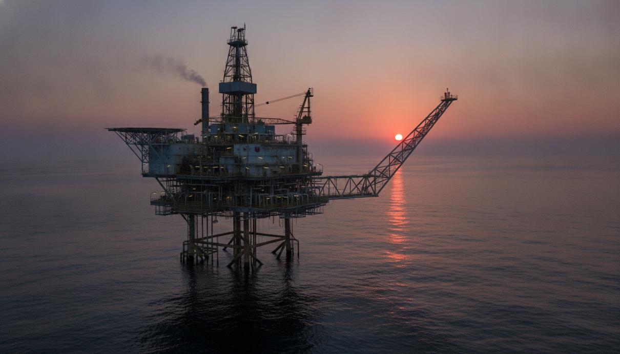 Морская нефтедобывающая платформа в открытом море на рассвете. Вид на промышленную установку и спокойную воду.