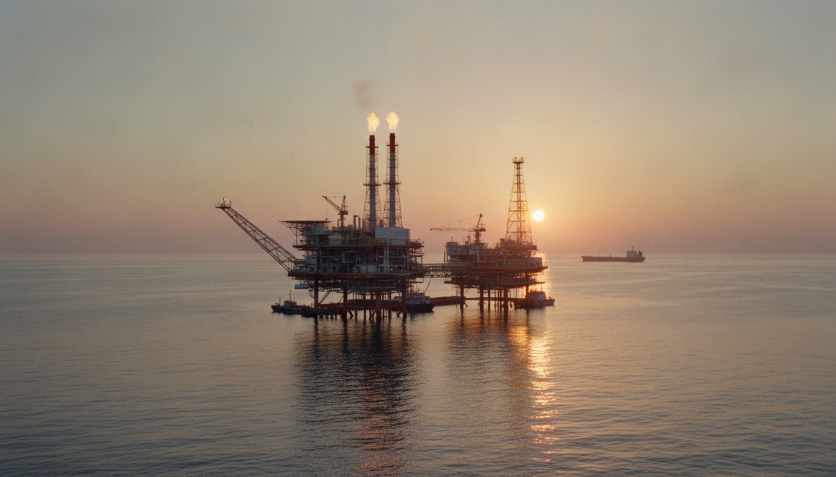 Морская газодобывающая платформа на месторождении «Абшерон» в Каспийском море на рассвете, вид на промышленные конструкции.