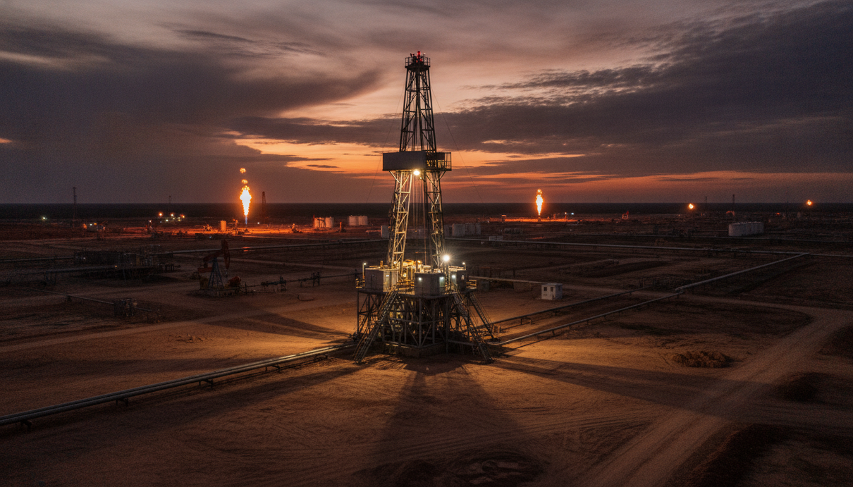 Новая установка для ремонта нефтяных скважин в месторождении в поясе Ориноко, Венесуэла, на фоне вечернего неба.
