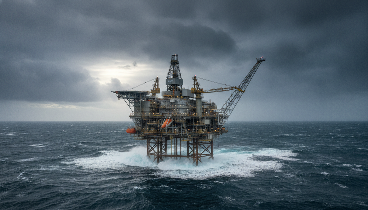 Морская нефтегазовая платформа «Йёа» в Северном море на фоне облачного неба и неспокойной воды.