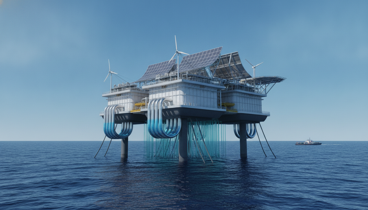 Современная полупогружная морская платформа, оборудованная под дата-центр, в открытом океане. От платформы вглубь уходят трубы системы охлаждения.