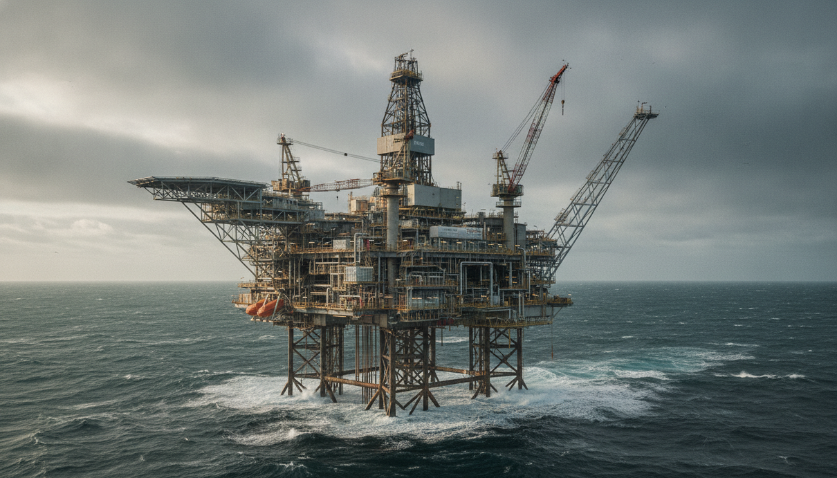 Морская нефтегазовая платформа в Северном море. На палубе видны буровые вышки, технологические модули и вертолётная площадка.