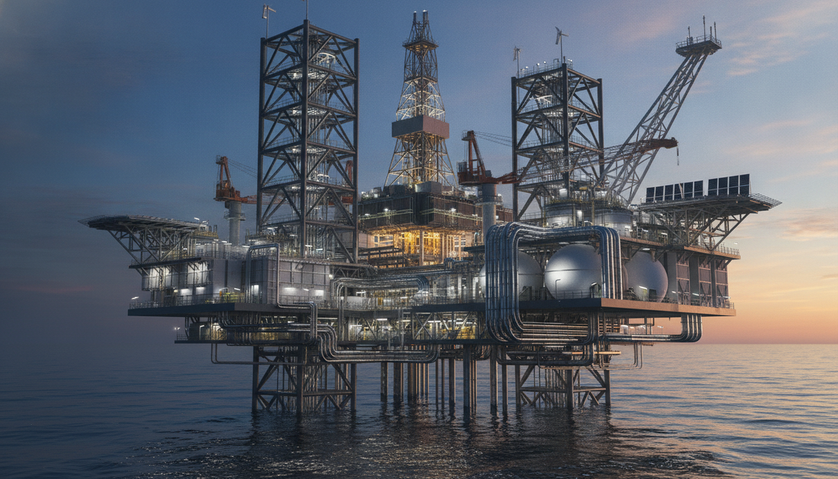 Современная морская нефтедобывающая платформа в сумерках, детализированный вид на технологическое оборудование и трубопроводы.