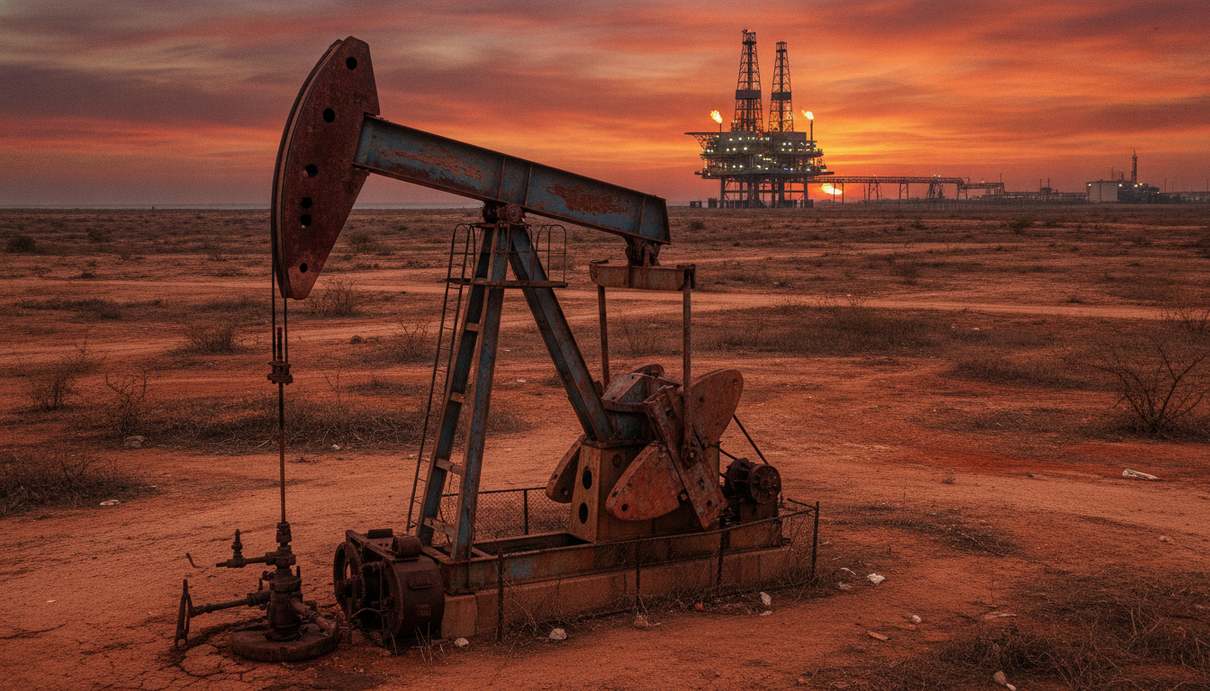 Старая ржавая нефтяная качалка на сухой равнине в Венесуэле. На горизонте на фоне восхода солнца видна современная буровая вышка.