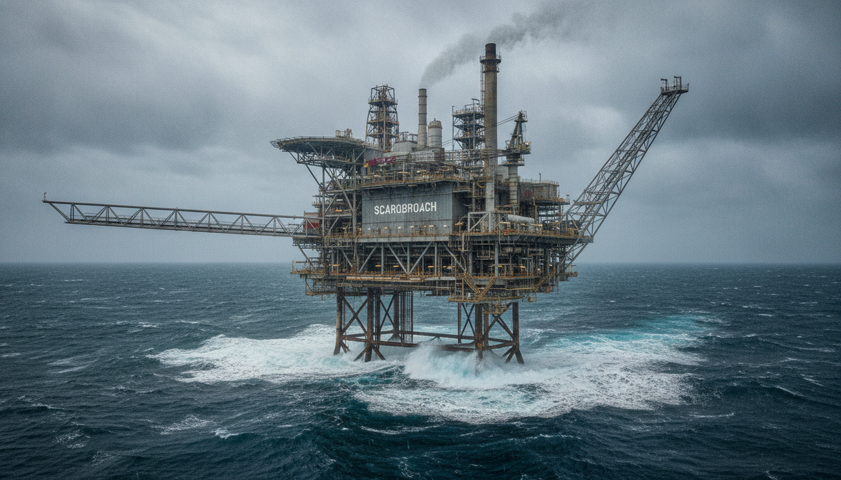 Огромная морская газодобывающая платформа «Скарборо» в океане у побережья Западной Австралии под пасмурным небом.