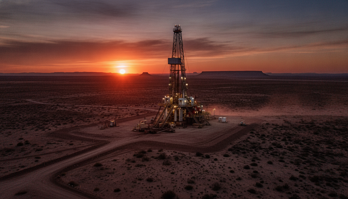 Буровая установка для добычи нефти и газа в пустынном ландшафте сланцевой формации Vaca Muerta в Аргентине на закате.